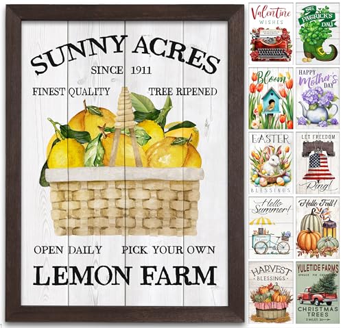 Farmhouse Wall Decor for your Home - 12x16 Rustic Wood Frame with 14 Interchangeable Sayings for the 4 Seasons, Christmas, Easter, Thanksgiving & July 4