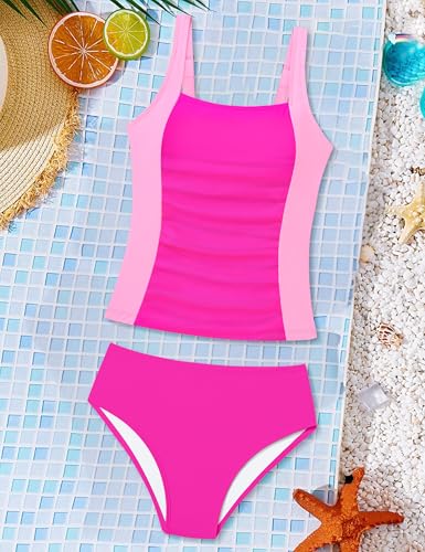 Image of Girls Tankini Swimsuit Solid Color Blocking Two Piece Bathing Suit Ruched Slimming Teen Girls' Swimwear for 9-18Years