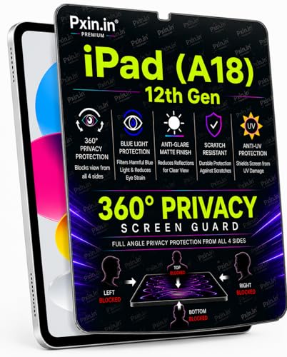 Image of Pxin 360 Pro Privacy Screen guard compatible with iPad (A18) | Anti Glare | Anti UV | Anti Blue | Anti Reflection | Privacy Filter | Unbreakable Build