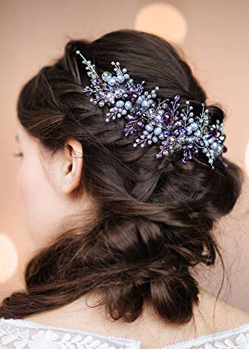 Kercisbeauty Blue and Purple Headband for Brides Bridal Headpiece Side Headband Wedding Women Special Occasion Jewelry Beads Hair Piece Tiara - Image 2