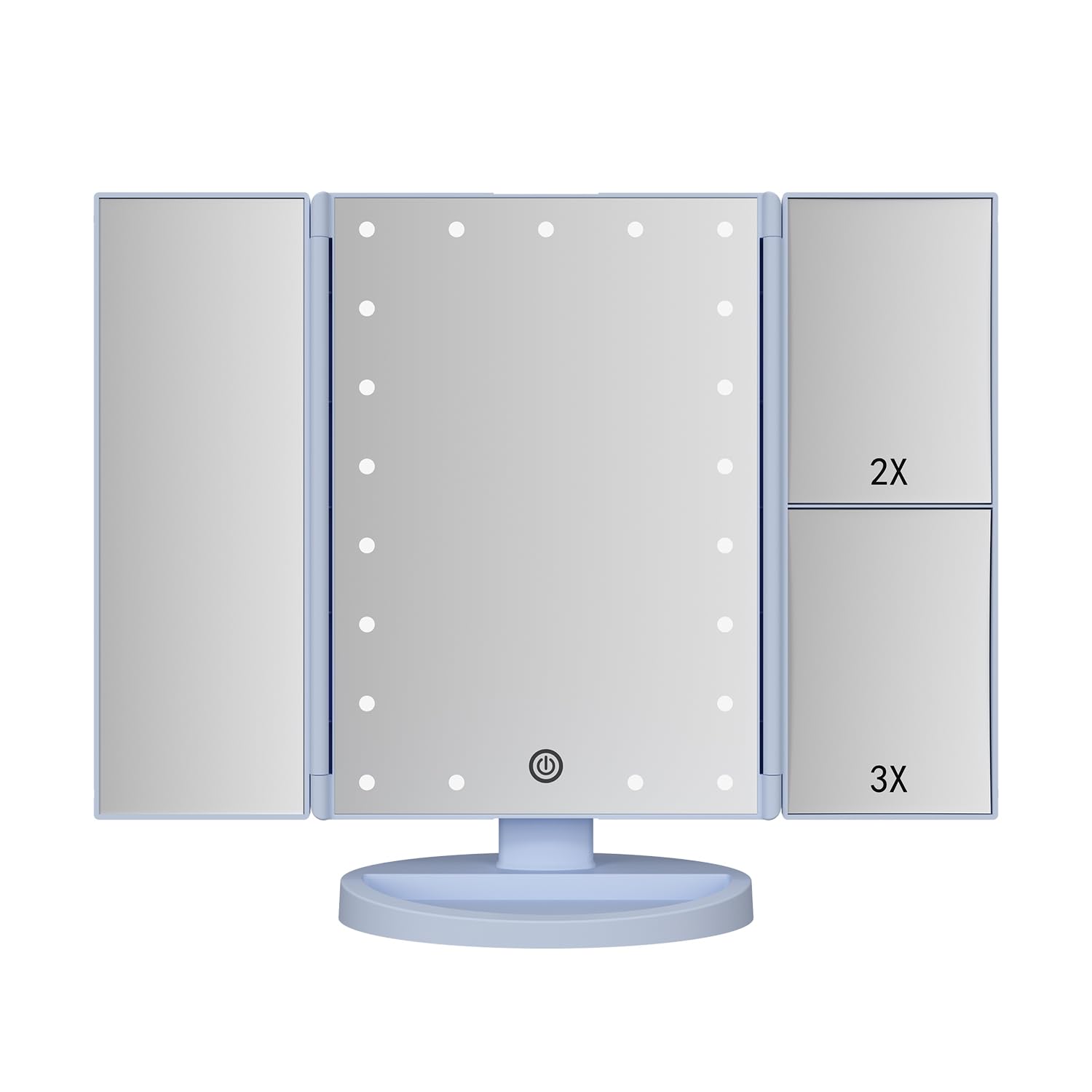 Infitrans Specchio con Luce,Specchi da Tavolo con Touch Screen Tri-Fold, ingrandimento 1x / 2X / 3X e Caricatore USB o Wireless, Luce LED Regolabile a 180 ° per Il banco da Viaggio (Blu)