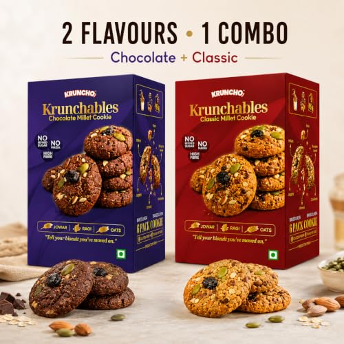 Image of KRUNCHO BY NVI Krunchables Millet Cookies Variety Pack | Chocolate & Classic Flavours | No Refined Sugar, No Maida | Made with Jowar, Ragi & Oats | 2 Boxes, 180g Total