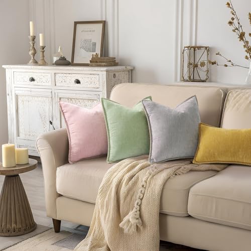 Image of decorUhome Fall Chenille Soft Cozy Throw Pillow Covers 12x20 Set of 2, Modern Farmhouse Boho Velvet Decorative Pillow Cases with Stitched Edge for Couch Sofa Bed Home Decor, Mineral Yellow