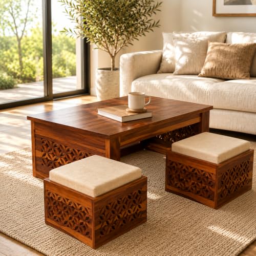Image of Solid Sheesham Wooden Coffee Table with 2 Cushioned Stool|Teapoy Center Piece for Home Sofa Center Table for Living /Drawing Room,Hall|Space Saving Indoor Tea Table Set(Honey Finish) CNC
