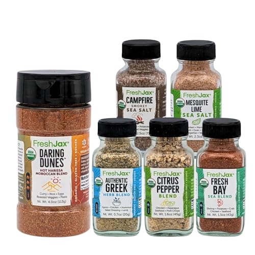 FreshJax Hot Moroccan Harissa Spice Blend and Chicken Seasoning Gift Set Bundle | 5 Sampler Sized and 1 Large Bottle | Non GMO, Gluten Free, Keto, Paleo, No Preservative