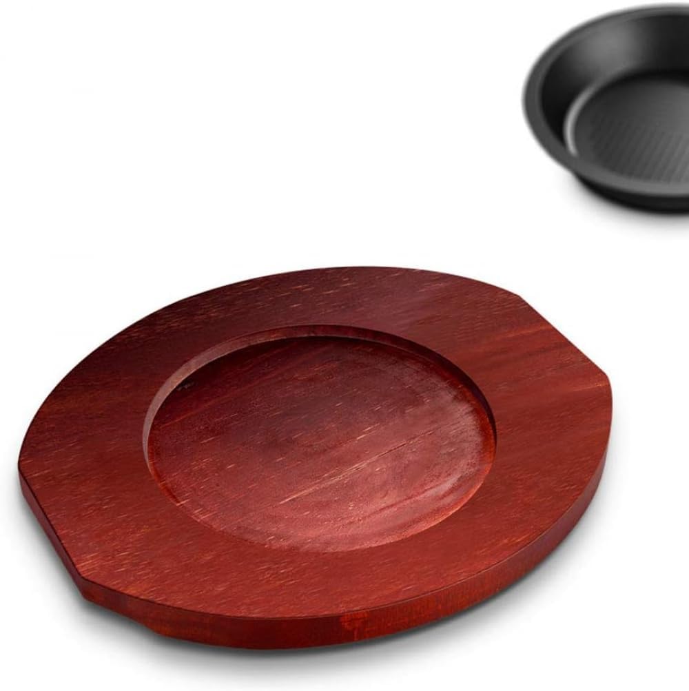 Round Cast Iron Sizzling Steak Plate and Wooden Base Finish for Restaurant Supply Home and Kitchen Cooking Accessory Ideal for Pan Grilling Meats Seafood-A