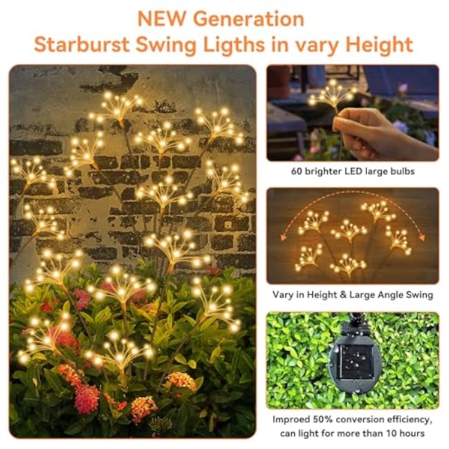 Solar Garden Lights, New Upgraded 2 Pack Solar Swaying Starburst Light, Waterproof Fireworks Outdoor Lights, Yard Patio Pathway Decoration, Warm White
