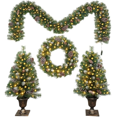 TKYGU Christmas 4-Piece Set Wreaths and Wreaths Battery Box Powered LED Lights, Set of 2 Entrance Trees, White Lights, Green by TKYGU - Used condition - US$32.58