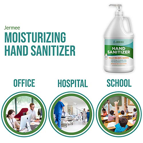 Jermee Moisturizing Hand Sanitizer Gel, 70% Alcohol - Kills 99.99% Germs, Enhanced With Vitamin E And Aloe Vera - Crystal Clear Gel, Refreshing Scent, Made In Usa - 1 Gallon With Easy To Use Pump #TOP2