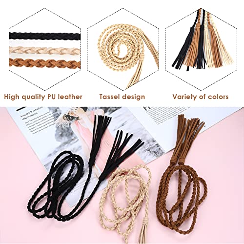 Yolev 3 Pieces Skinny Tassel Belts for Women Dresses Braided Waist Belt Woven Tassel Chain Belt Rope Belt for Skirt Dress2