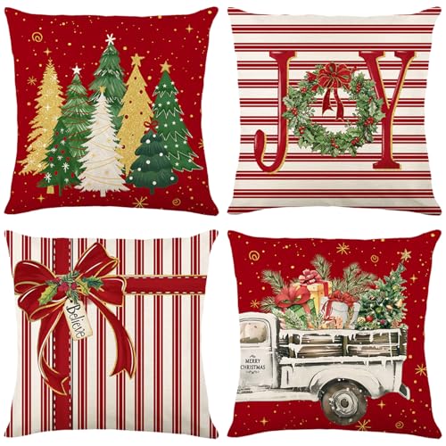 Granila Red Christmas Throw Pillow Covers 18x18 Inch Set of 4, Winter Holiday Xmas Trees Joy Wreath Bow Vintage Truck Pillowcase Decorative for Sofa Couch Living Room