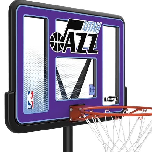 Image of Lifetime NBA Utah Jazz Portable Basketball Hoop, Adjustable Height 7.5-10 Ft, 44 Inch Shatterproof Fusion Backboard, Base with Wheels