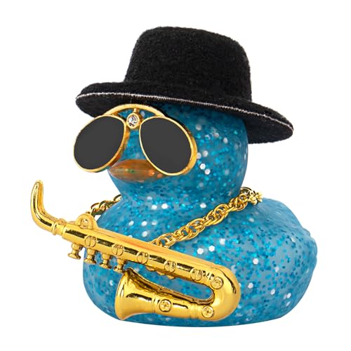 wonuu Car Dashboard Ducks Saxophone Decor Rubber Duck Car Ornaments with Mini Top Hat Necklace Sunglasses (Light Blue)