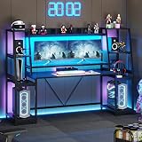 SEDETA Gaming Desk 78.8'' with LED Lights, Hutch and Storage Shelves, Computer Desk with Monitor Sta
