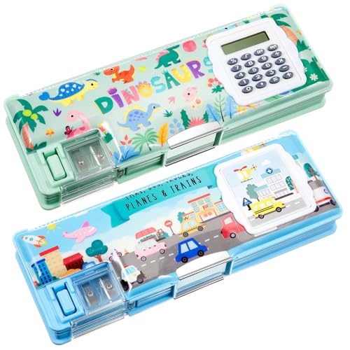2 peças caixa de lápis multifuncional Henoyso para meninas estojo de plástico fofo com calculadora e apontador bolsa para caneta presentes (carro, dinossauro)