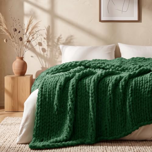 Image of L'AGRATY Chunky Knit Throw Blanket for Couch, 50 x 70 Inches, Olive Green