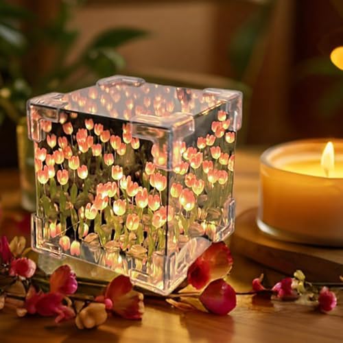 PANCA DIY - Do It Yourself - Tulip Cube Mirror Lamp, 30 Flowers LED Decorative Lamp, 2 in 1 Mirror & Table Ornaments for Bedroom Livingroom Desktop Decor Birthday Gift
