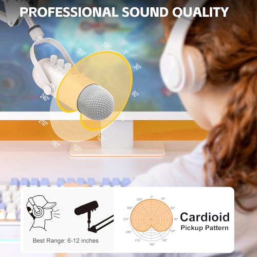 Image of zealsound Gaming Condenser Microphone, Podcast Mic with Boom Arm for Phone /PC /PS4 /PS5, USB Microphone for Recording /YouTube /Streaming, Headphone Output, Mute Button, Echo Volume Gain Control (White)