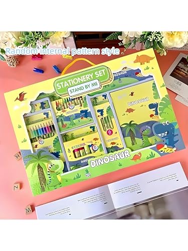Image of WISHKEY 41 Pieces Dinosaur Theme All-in-One Stationery Set Stationery Items with Pencil Box Notebook Scale Eraser Sharpener Crayons Color Pencils Color Pens Pencils Return Gift for Birthday Kids 6+