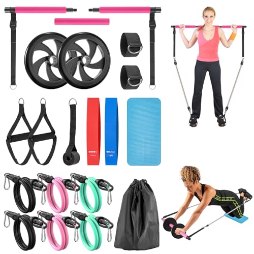 Ligebul Pilates Bar Kit with Resistance Bands, Pilates Bar with AB Roller Multifunctional Exercise Stretch Fusion Bar Equipment for Home Workouts Women and Men
