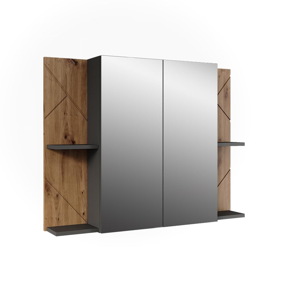 Vicco Armoire de Toilette Irma, Anthracite/Chêne de Force doré, 100x75cm avec 2 Portes, avec Miroir et étagères réglables
