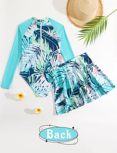 Image of SEAUR Girl's Two-Piece Long Sleeve Swimsuits UPF50+ Rash Guard Kids Bathing Suit Tankini Rash Guard with Skirt Blue 11 Years