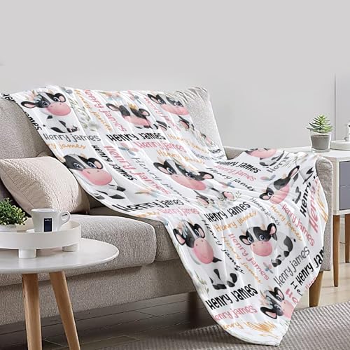 Image of Custom Cow Pattern Blanket, Personalized Cow Gifts for Boys Girls,Soft Flannel Animal Throw Blanket with Name,50 inchx60 inch for Teens
