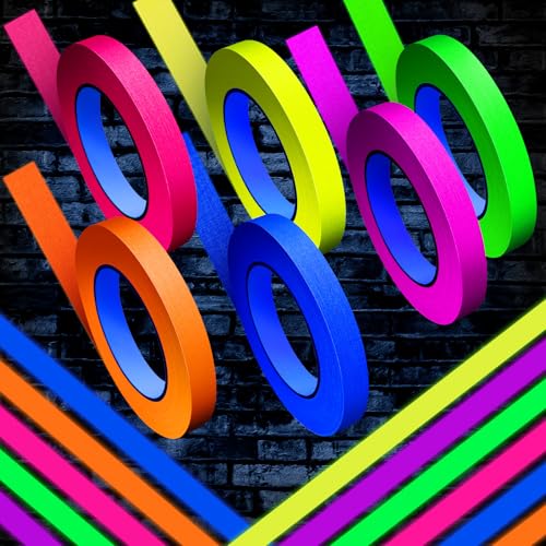 Image of Whaline 6 Colors Neon Gaffer Cloth Tape Fluorescent Rainbow Color UV Blacklight Tapes Neon Duct Reflective Tapes for Party Supplies (0.6 Inch x 120 Ft)
