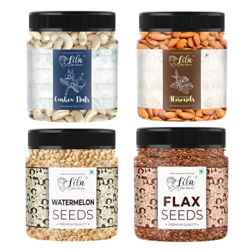 Image of LILA DRY FRUITS Almonds Cashew Flax Seeds Watermelon Seeds Combo 100 Gms x 4 | Nuts & Seed Mix for Healthy Snacking, Daily Nutrition & Energy Boost Perfect for Gifting