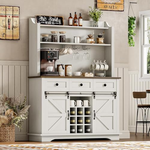 Image of REVOMINCA 63'' Farmhouse Coffee Bar with 3-Tier Storage, Coffee Station Cabinet with 3 Storage Drawers