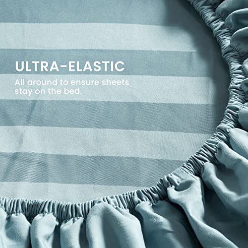 SLEEP ZONE Striped Cooling Queen Sheets Set - Fitted Flat Sheet & Pillowcase Sets 4 Piece - Super Soft Stripe Bed Sheet, Easy Care, Deep Pocket (Flint Blue, Queen)