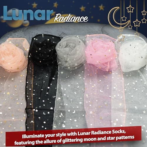 Sheer Slouch Tulle Socks Set for Women | 8 Pairs of Shiny Glitter Decorated Loose Socks with Stars & Moon - Ankle High, Breathable, Comfortable, and Trendy in Assorted Colors (US sizes 5-8)3