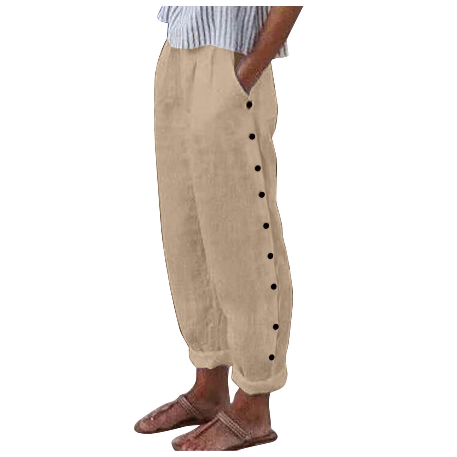 Pants for Women Cropped Side Bottom Trim Elastic Waist Gauze Pants Lightweight Summer Beach Trousers Cropped Pants