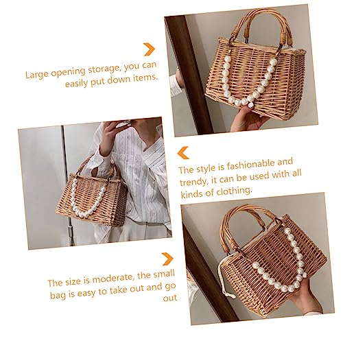 Portable Pearl Straw Handbag with Drawstring Closure Lightweight Beach Tote Bag for Women Stylish Summer Rattan Purse with Spacious Opening Family and Friends3