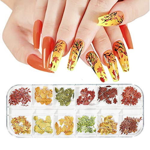 Leaf Nail Sequins Fall Maple Leaves Nail Glitter DIY Holographic 3D Nail Art Sticker Wood Pulp Flakes for Nail Art Decoration Colorful 12 Styles Decor for Autumn Nail Art DIY Decoration