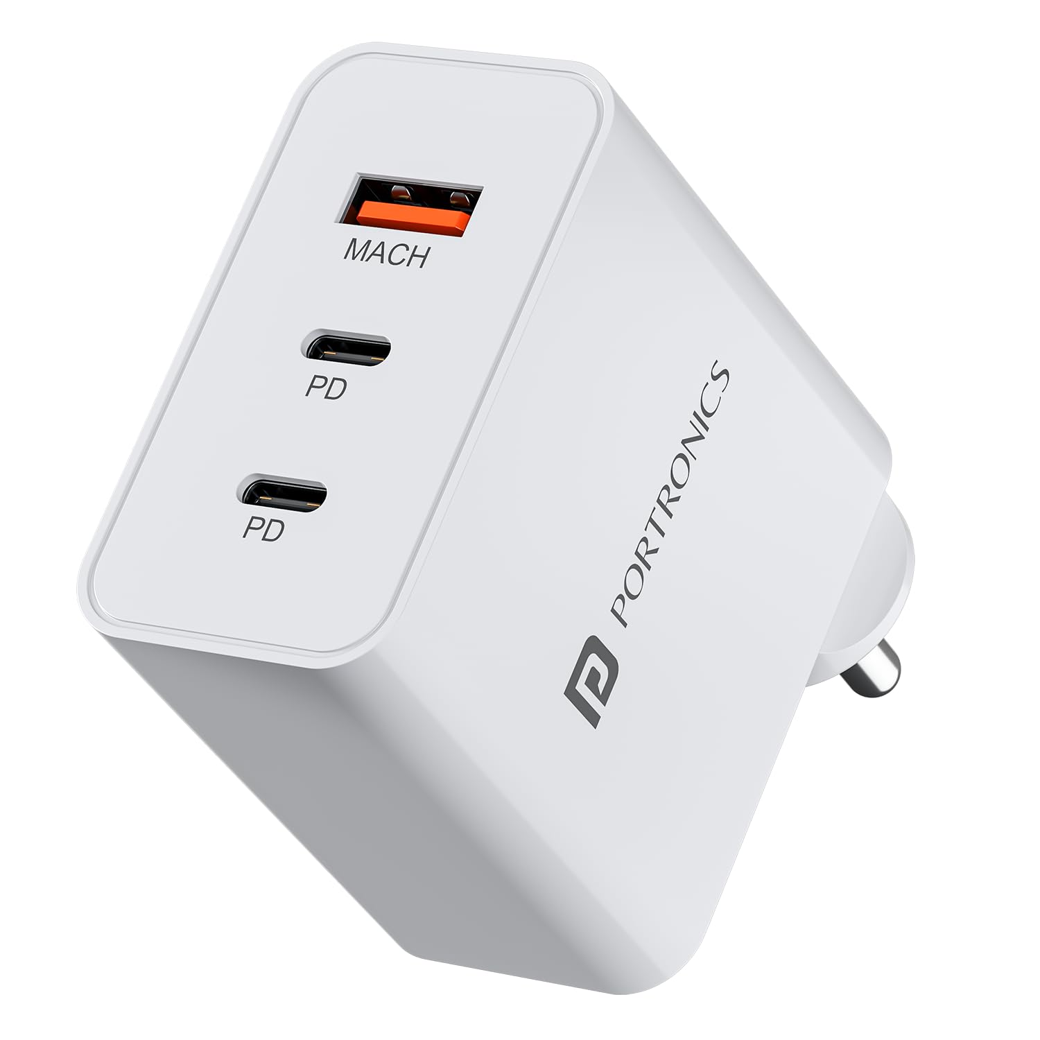 Portronics Adapto 65B 65W Triple Port Fast Charger, 2 Type C PD Ports, 1 USB-A Port, PPS Technology, for Laptops, Smartphones, Tablets, MacBook, iPad (White)
