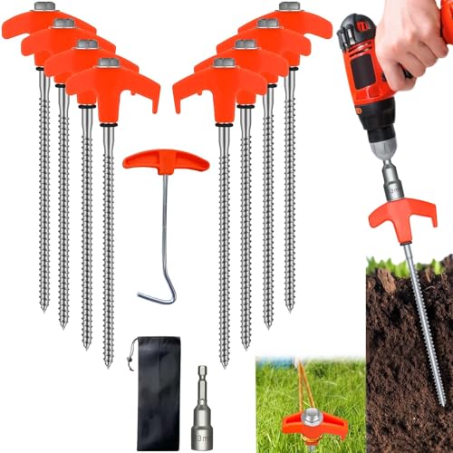 Kimmkco 8 Pack 8' Screw in Tent Stakes Heavy Duty Ground Anchors, Tent Pegs Metal Tent Spikes Camping Tent Stakes with Hex Head Driver & Nail Extractor for Outdoor, Camping, Canopy, Gardening, Beach