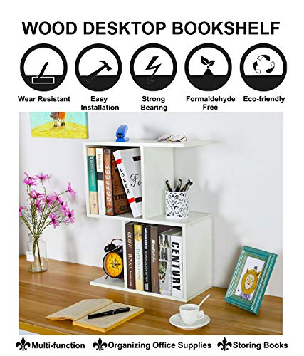 PAG Desktop Shelf Freestanding Wooden Small Bookshelf Desk Supplies Organizers and Accessories Storage Display Rack Office Dorm Decor for Women, White - Thumbnail 7