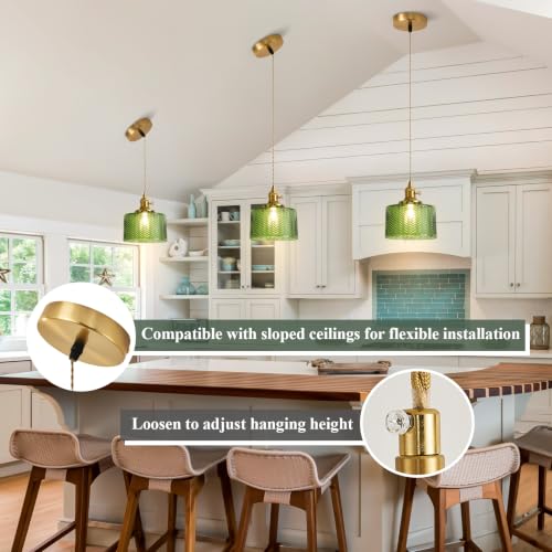 Image of Green Pendant Light for Kitchen Island, Modern Gold Hanging Light Fixture with Ribbed Glass Shade Adjustable Mini Chandelier Pendant Lighting for Dining Room Bedroom Foyer entryway 1 Pack