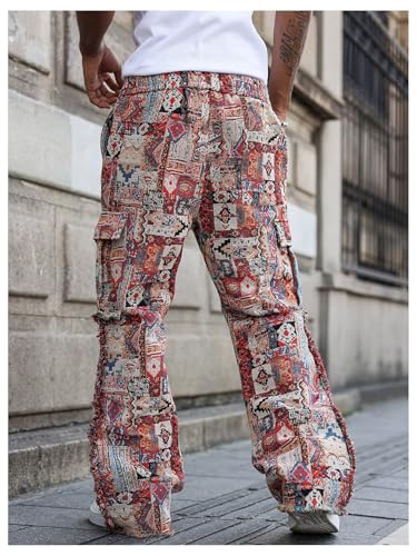 GORGLITTER Men's Patchwork Flared Pants Graphic Distressed Stacked Drawstring Waist Y2K Sweatpants Pants3