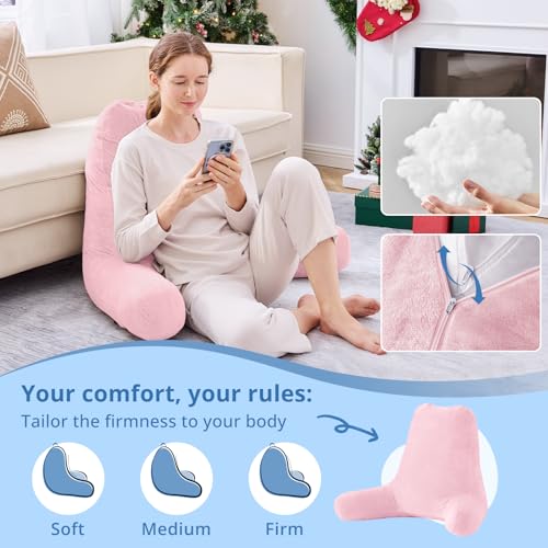 Image of Sasttie Reading Pillow for Bed, Back Pillow for Sitting Up, Pink | 25 inch Backrest Support Cushion for Couch, Sofa, and Floor, Dorm Essentials, OEKO-TEX, Adjustable Down Alternative Fill