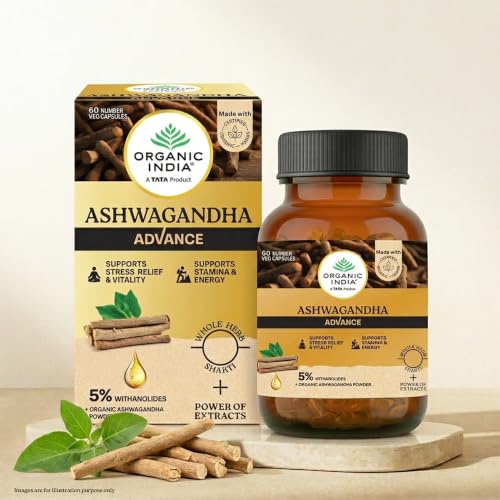 Image of Organic India Ashwagandha Advance Capsules, 60 Veg Capsules, 5% Withanolides, With Organic Ashwagandha Root Powder, Stress Relief, Energy & Vitality Support
