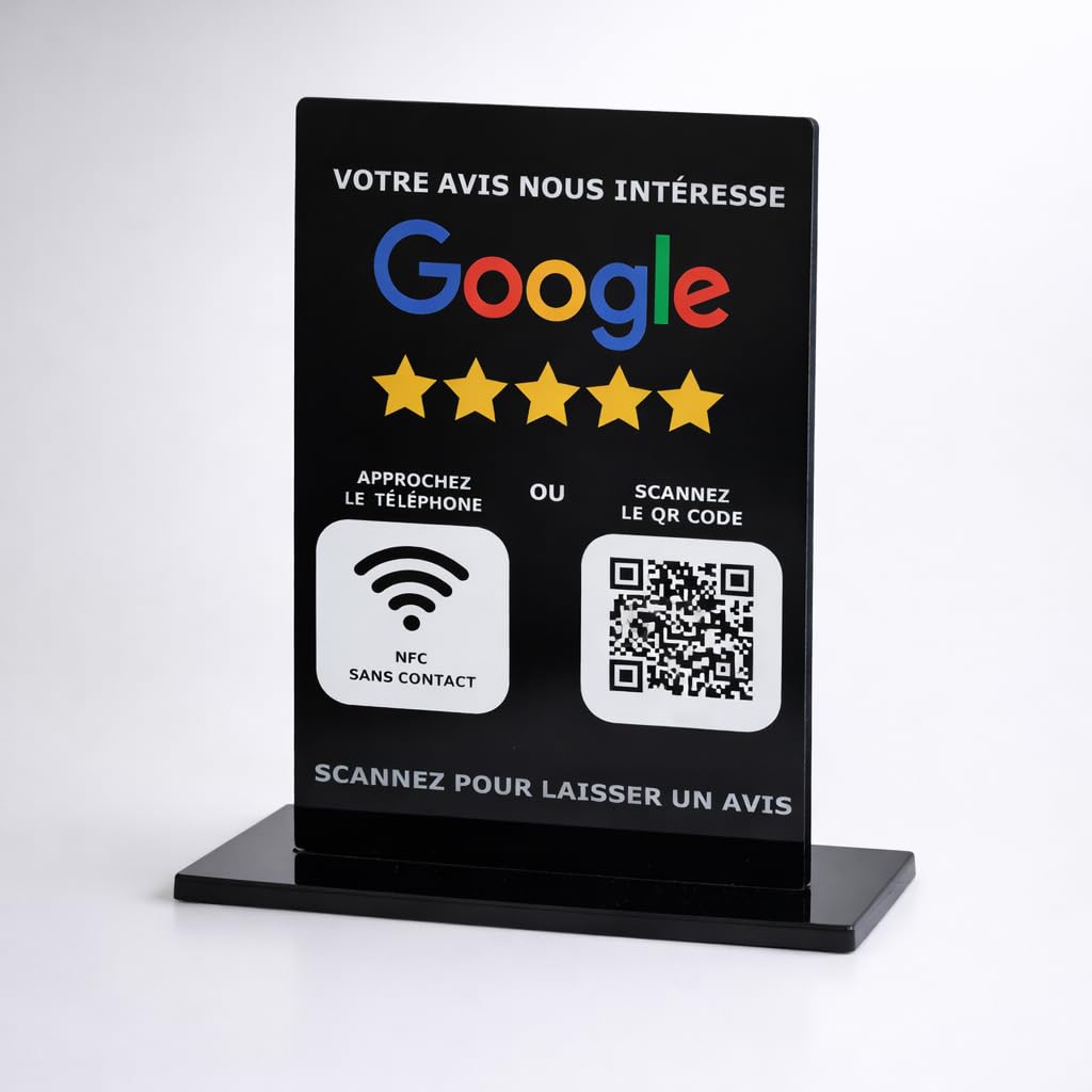 Plaque NFC et QR Code, type présentoire pour Avis Google - 13x9 cm - Idéal pour enseignes et restaurants, Support Vertical noir