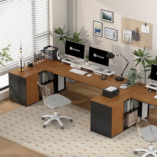 PatioPerk 71' L Shaped Executive Desk, Executive Office Desk with File Cabinet and Power Outlet,...
