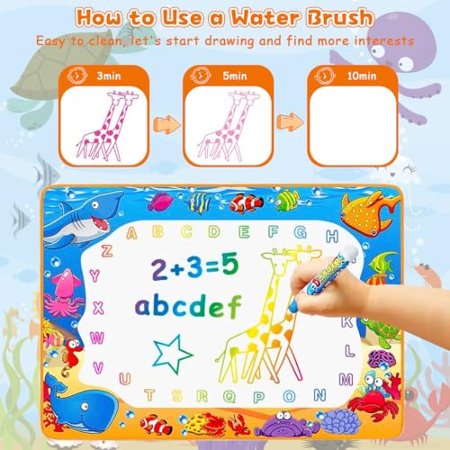 Image of PATPAT 100x70CM Reusable Magic Water Doodle Mat for Kids, Animal Ocean Theme Educational Drawing Toys Mat with Water Pens, Roller Stamps, Templates & Guide Birthday Gift for Kids