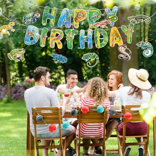 Image of Hooqict Reptile Birthday Party Decorations Reptile Swamp Happy Birthday Banner and 15 Pcs Hanging Swirls Safari Animals Lizard Snake Alligator Turtle Party Favors Supplies