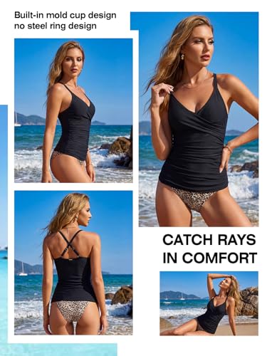 Image of RELELCIGA Women's Tankini Top V Neck Ruched Tummy Control Bathing Suit Top
