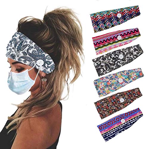 Bohend 6Pcs Boho Button Headbands Wide Bandeau Flower Hair Bands Bandeau Travel Stretchy Sport Hair Accessories for Women and Girls (D)