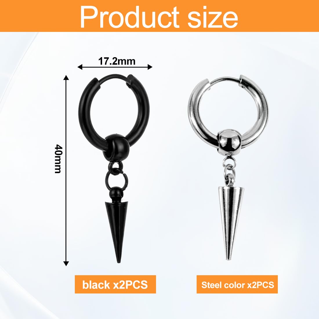 Set di 2 paia di orecchini da uomo in acciaio inox, orecchini a cerchio, piercing gotico, cartilagine, piercing per cartilagine, per uomini e donne (nero + argento)