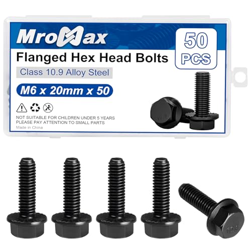Image of M6-1.0 x 20mm Flanged Hex Head Bolts, 50Pcs Serrated Flange Bolt, Class 10.9 Alloy Steel, Black Oxide, Coarse Thread Fully Threaded, External Flange Hex Drive Screws, DIN6921 /GB5789